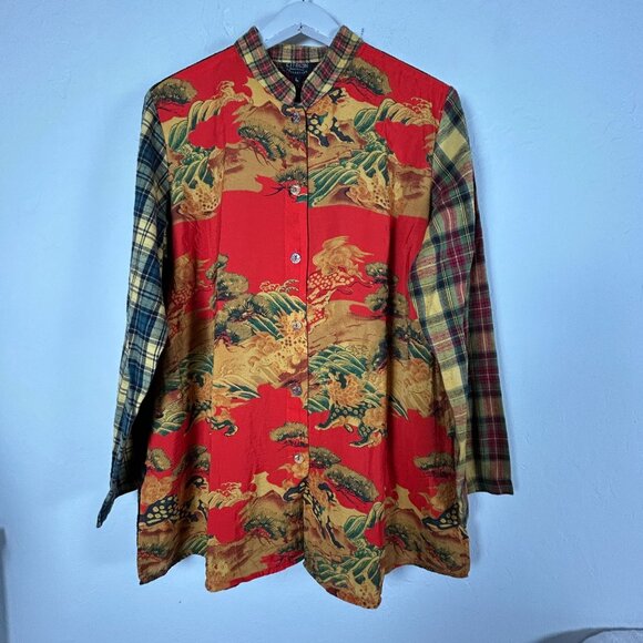Citron Santa Monica Asian Patchwork Button-Up Shirt Dragon Red Plaid Large New - Picture 1 of 8